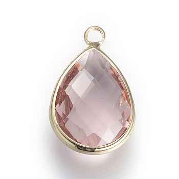 Glass Pendants, with Brass Findings, Faceted, teardrop, Light Gold, Plum, 14x7.5x4mm, Hole: 1.8~2.3mm
