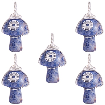 Natural Sodalite Pendants, with  Copper Wire, Mushroom, 30x15x16mm, Hole: 5mm