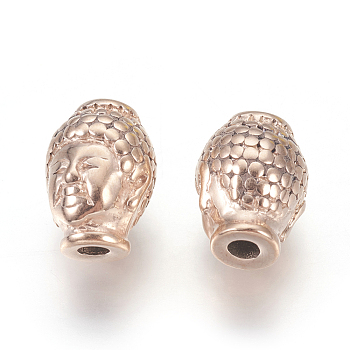 304 Stainless Steel Beads, Buddha's Head, Rose Gold, 10x13x9mm, Hole: 3mm