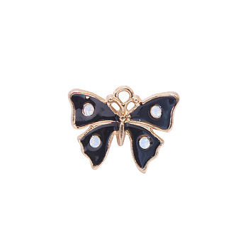 Zinc Alloy Enamel Butterfly Jewelry Pendant, with Crystal AB Resin Rhinestone, Light Gold, Black, 12x16mm, Hole: 3mm