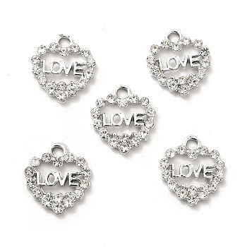 Alloy Rhinestone Pendants, Platinum Tone Hollow Out Heart with Word Love Charms, Crystal, 17x15.5x3mm, Hole: 2.4mm