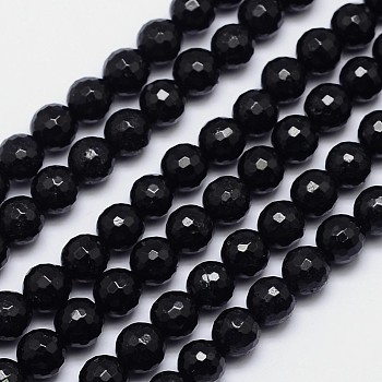 Faceted Round Natural Black Tourmaline Bead Strands, Grade AB+, 8mm, Hole: 1mm, about 52pcs/strand, 15.5 inch