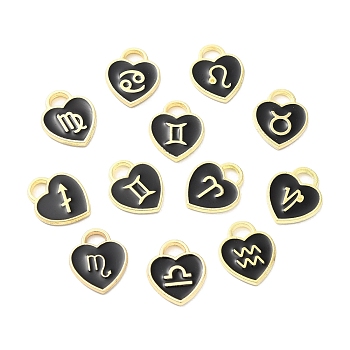 Alloy Enamel Charms, Golden, Heart with Twelve Constellations Charm, Black, 14.5x12x1.8mm, Hole: 3.5x2.5mm