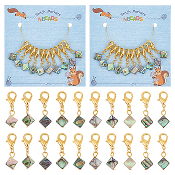 10Pcs Rhombus Paua Shell Crochet Lobster Clasp Charms, Locking Stitch Marker with Wine Glass Charm Ring, Golden, 3.4cm
