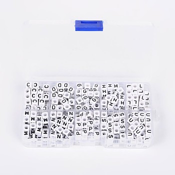 1 Box Acrylic Horizontal Hole Letter Beads, Cube, Letter C/D/G/H/L/M/N/P/S/U, White, 6x6x6mm, Hole: 3mm, about 40pcs/compartment, 400pcs/box
