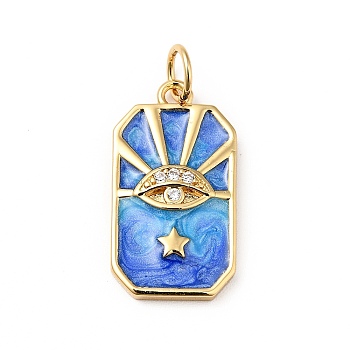 Rack Plating Brass Micro Pave Cubic Zirconia Pendants, with Enamel and Jump Ring, Cadmium Free & Nickel Free & Lead Free, Real 18K Gold Plated, Rectangle with Eye & Star, Dodger Blue, 19x10.5x2.5mm, Hole: 3.6mm