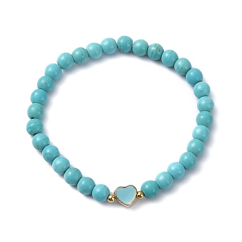 Synthetic Turquoise Round Beaded Stretch Bracelets, Alloy Enamel Heart Bracelet for Women, Inner Diameter: 2-1/8 inch(5.4cm)