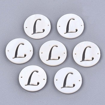 Natural Freshwater Shell Links Connectors, Flat Round with Letter, Letter.L, 14.5x1.5mm, Hole: 0.9mm
