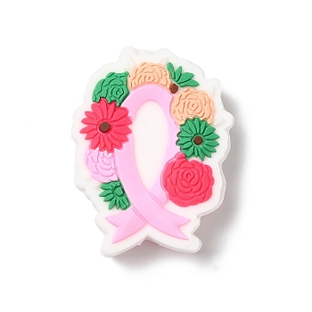 Pink Ribbon Silicone Beads, Silicone Teething Beads, Colorful Wreath Flowers Cancer Awareness Ribbon, Pearl Pink, 31x23x28x8mm, Hole: 3.5mm