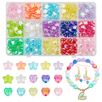 415Pcs 15 Styles Transparent Acrylic Beads, Pearlized, Heart & Star, Mixed Color, 9~10x4~9mm, Hole: 1.5mm
