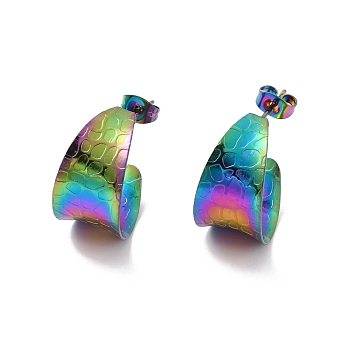 Ion Plating(IP) 304 Stainless Steel Chunky C-shape Stud Earrings, Half Hoop Earrings for Women, Rainbow Color, 20x12x0.5mm, Pin: 0.7mm