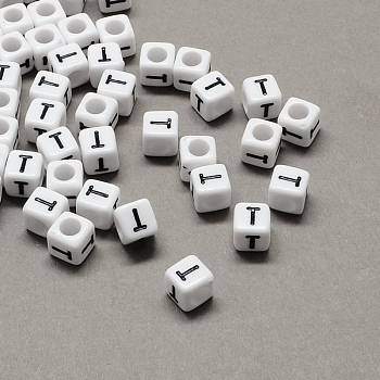 Large Hole Acrylic Letter European Beads, Horizontal Hole, White & Black, Cube with Letter, Letter.T, 8x8x8mm, Hole: 4mm, about 1144pcs/500g