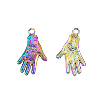 Ion Plating(IP) 201 Stainless Steel Pendants, Hand with Eye, Rainbow Color, 23.5x15x2mm, Hole: 2mm