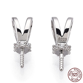 Rhodium Plated 925 Sterling Silver Micro Pave Cubic Zirconia Rabbit Ear Peg Bails, For Half Drilled Beads, Nickel Free, with S925 Stamp, Real Platinum Plated, 11x4.5x4mm, Hole: 2.5x4mm, Pin: 0.8mm