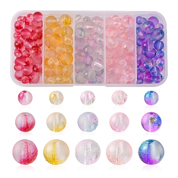 190Pcs 15 Style Frosted Spray Painted Glass Beads Strands, with Golden Foil, Round, Mixed Color, 6~11mm, Hole: 1.2~1.6mm