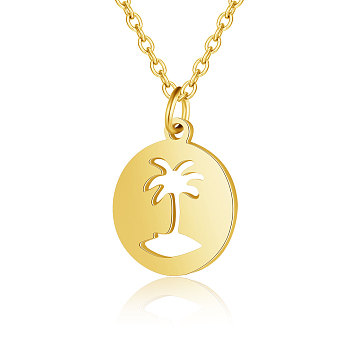 201 Stainless Steel Pendant Necklaces, with Cable Chains, Flat Round with Coconut Palm, Golden, 15.7 inch(40cm), 1.5mm, Flat Round: 16x13.5x1mm