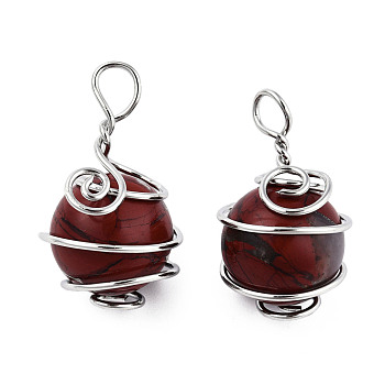 Natural Red Jasper Pendants, with Platinum Plated Brass Wire Wrapped, Round Charm, 28.5~34x18.5~20x17~19mm, Hole: 4~5.5mm