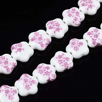 Handmade Porcelain Beads Strands, Flower Printed, Flower, Flamingo, 14x15x6mm, Hole: 1.8mm, about 23pcs/strand, 12.4 inches(31.5cm)