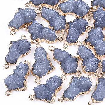 Electroplate Druzy Resin Links connectors, with Iron Findings, Nuggets, Light Gold, Light Steel Blue, 28~29x15.5~16x9~10mm, Hole: 1mm