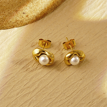 Elegant Stainless Steel Pearl Earrings for Daily Wear, Suitable for Ladies, Golden, 11.7x8.33mm