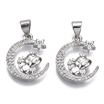 Brass Micro Pave Cubic Zirconia Pendants, Moon with Cattle, Nickel Free, Real Platinum Plated, 17.5x14.5x3mm, Hole: 3x4.5mm