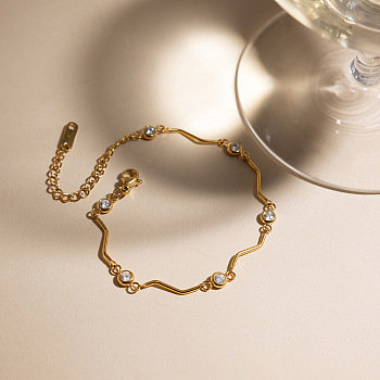 304 Stainless Steel Crystal Rhinestone Flat Round Wavy Bar Link Chain Bracelets for Women, Real 18K Gold Plated, 6.10 inch(15.5cm)