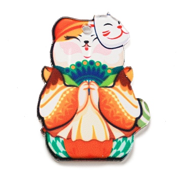 Japanese Style Acrylic Pendants, Cat, Smiling Face, 39.8x29x2.5mm, Hole: 2mm