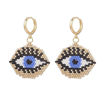 Glass Seed Braided Horse Eye Dangle Hoop Earrings, Golden Brass Wire Wrap Jewelry for Women, Blue, 46mm, Pin: 1mm