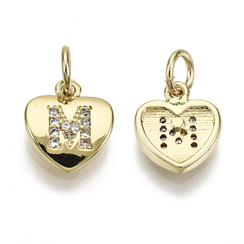 Brass Micro Pave Clear Cubic Zirconia Charms, with Jump Ring, Heart with Letter, Real 16K Gold Plated, Nickel Free, Letter.M, 10x9x2mm, Jump Ring: 5x1mm, 3mm inner diameter