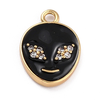 Golden Plated Brass Micro Pave Clear Cubic Zirconia Pendants, with Enamel, Long-Lasting Plated, Extra-terrestrial, Black, 17x11.5x2mm, Hole: 1.6mm