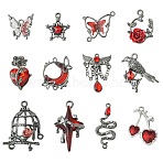 12Pcs 12 Styles Gothic Alloy Rhinestone Pendants, Gunmetal, Mixed Shapes, 16~33x13~23.5x3~11mm, Hole: 1.2~6mm, 1pc/style(FIND-CJ0004-81)