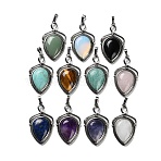 Natural & Synthetic Mixed Gemstone Pendants, Brass Shield Charms, Antique Silver, Lead Free & Cadmium Free, Mixed Dyed and Undyed, 45.5x26.5x7mm, Hole: 7x5mm(G-F777-01AS)