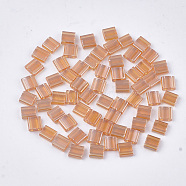 2-Hole Transparent Glass Seed Beads, Lustered, Rectangle, Sandy Brown, 5x4.5~5.5x2~2.5mm, Hole: 0.5~0.8mm(SEED-S023-24C-01)