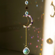Natural Fluorite Chip Moon Pendant Hanging Ornaments, Teardrop Glass Suncatcher with Iron Chain, for Window Home Garden Decoration, 330~350mm(G-PW0007-092G)
