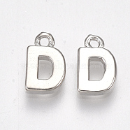 Brass Charms, Letter, Nickel Free, Real Platinum Plated, Letter.D, 8~8.5x5x1.5mm, Hole: 0.8mm(KK-S350-167D-P)