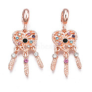 Rack Plating Alloy European Dangle Charms, with Colorful Rhinestone, Large Hole Pendants, Cadmium Free & Nickel Free & Lead Free, Woven Net/Web with Feather, Rose Gold, 36.5mm, Hole: 5mm, Feather: 12.5x2.5x3.5mm(MPDL-N039-062RG)