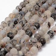 Frosted Natural Dragon Veins Agate Beads Strands, Round, Dyed & Heated, Light Grey, 8mm, Hole: 1mm, about 48pcs/strand, 15.2 inch(G-F376-8mm)