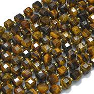 Natural Yellow Tiger Eye Beads Strands, with Seed Beads, Faceted Table Cut Cube, 8x8x8mm, Hole: 0.6mm, about 38pcs/strand, 15.35''(39cm)(G-K389-A06-01)