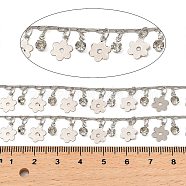 Rack Plating Brass Flower Link Chains, with Clear Glass Charms, Long-Lasting Plated, Soldered, with Spool, Platinum, flower: 10x7x0.2mm, flat round: 6x4x3mm, about 32.81 Feet(10m)/Roll(CHC-A007-08P)