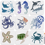 US 1 Set Sea Animal PET Hollow Out Drawing Painting Stencils, for DIY Scrapbook, Photo Album, with 1Pc Art Paint Brushes, Mixed Shapes, 200x200mm, 9pcs/set(DIY-MA0005-24)