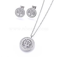 304 Stainless Steel Jewelry Sets, Pendant Necklaces and Stud Earrings, with Polymer Clay Rhinestone, Flat Round with Tree of Life, Stainless Steel Color, 17.32 inch(44cm), 14x2mm, Pin: 0.8mm(SJEW-H143-04P)