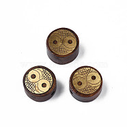 Natural Rosewood Undyed Beads, with Owl Eye Shape Raw(Unplated) Brass Slices, Flat Round, Saddle Brown, 14x7mm, Hole: 1.8mm(WOOD-N013-029)