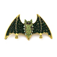 Zinc Alloy Rhinestone Halloween Bat Brooch, Antique Golden, Emerald, 34~35x58~58.5mm(JEWB-I033-03A)