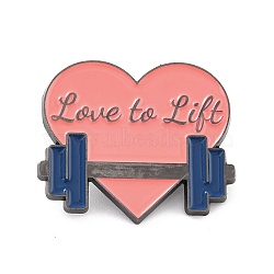 Love To Lift Enamel Pin, Heart with Dumbbell Alloy Enamel Brooch for Backpack Clothes, Gunmetal, Light Coral, 26x30x9.5mm, Pin: 1mm(JEWB-O008-F03)