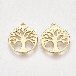 Brass Charms, Flat Round with Tree, Nickel Free, Real 18K Gold Plated, 14x12x1mm, Hole: 1.2mm(X-KK-S350-263)