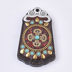 Buddha Theme Handmade Indonesia Big Pendants, with Alloy Findings, Sandalwood and Resin, Antique Silver and Antique Golden, Trapezoid, Pale Turquoise, 55~56x33~34x10~11mm, Hole: 1.6~2mm(IPDL-N002-63)