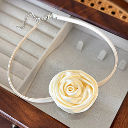 Fabric French Rose Flower Pendant Necklaces, PU Leather Vintage Sweet Collar Vacation Style Women's Necklaces, Beige, 12.60 inch(32cm)(RJ3288-1)