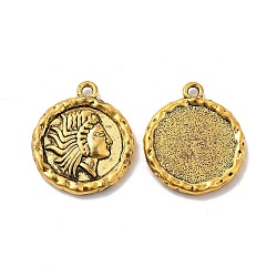 Alloy Pendants, Long-Lasting Plated, Cadmium Free & Lead Free, Flat Round with Women, Antique Golden, 23x19.5x2.5mm, Hole: 1.8mm(PALLOY-E024-20AG)