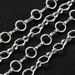 Brass Handmade Chains Mother-son Chains, Unwelded, with Spool, Silver Color Plated,  Mother Link: 6mm in diameter,  1mm thick, Son Link: 1mm wide,  5.5mm long,  2.5mm thick, about 32.8 Feet(10m)/roll(CHR099-CK25-S)