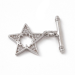 Brass Micro Pave Clear Cubic Zirconia Toggle Clasps, Star, Real Platinum Plated, star: 16x14x1.5mm, Hole: 1.2mm, bar: 16x4x2mm, hole: 1.2mm(KK-K271-05P)